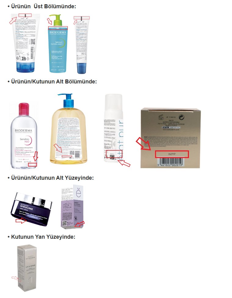 Bioderma, Institut Esthederm ve Etat Pur ürünlerinde LOT numarasının bulunduğu yerler: ürünün üst bölümü, alt bölümü, alt yüzeyi ve kutunun yan yüzeyi