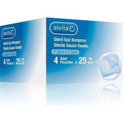 Alvita Steril Gaz Kompres 7,5cm x 7,5cm 4 Adet 25'lik - 1