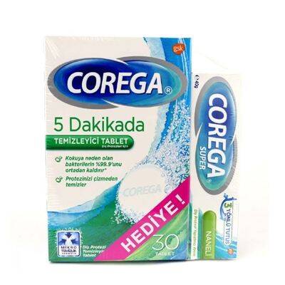 Corega Süper Naneli Protezi Yapıştırıcı Krem 40 gr + Corega Diş Protezi Temizleyici Tablet 30 Tablet - 1