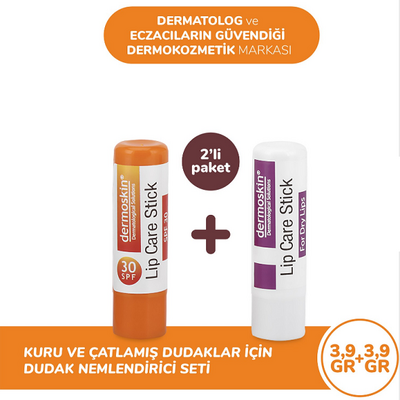 Dermoskin Dudak Nemlendirici Stick Spf30 3.9 g+Dermoskin Kuru Dudaklar İçin Nemlendirici Stick 3.9 g - 1