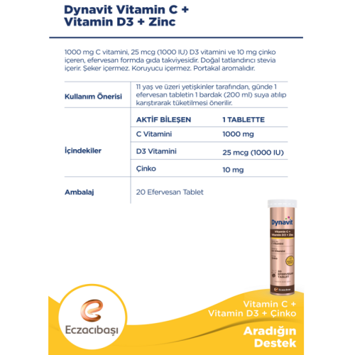 Dynavit Vitamin C + Vitamin D3 + Zinc Efervesan 20 Tablet - 3