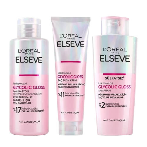 Elseve Glycolic Gloss Mükemmel Parlaklık 3'lü Saç Bakım Seti: Şampuan & Saç Kremi & Laminasyon Bakım - 1
