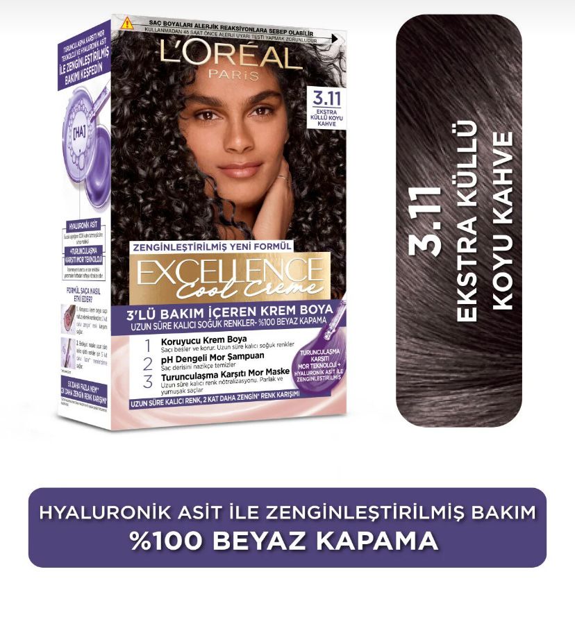 Loreal Paris Excellence Cool Creme Saç Boyası – 3,11 Ekstra Küllü Koyu Kahve