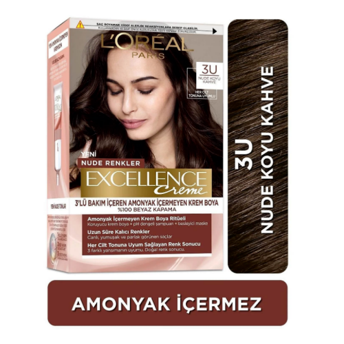 L'Oreal Paris Excellence Creme Nude Renkler Saç Boyası - 3U Nude Koyu Kahve - 1