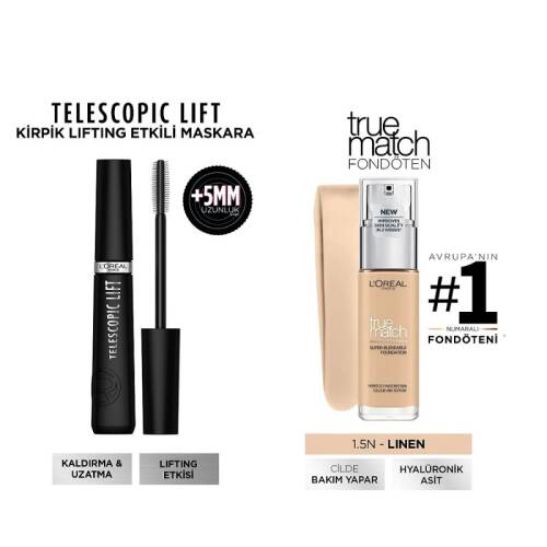 L'Oreal Paris Telescopic Lift Maskara ve L'Oreal Paris True Match Fondoten No: 1.5 N Set - 1