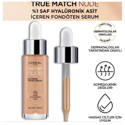 L'Oreal Paris True Match Nude Serum Fondöten - 3-4 Light Medium - 3