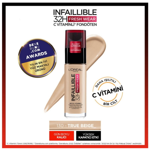 L'Oreal Paris Uzun Süre Kalıcı Fondöten - Infaillible 24h Fresh Wear 130 True Beige 30 ml - 1