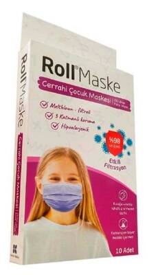 Roll 3 Katlı Kız Çocuk Mor Cerrahi Maske Telli 10'lu - 1