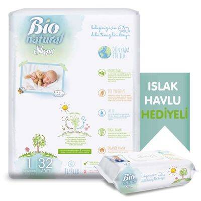 Sleepy Bio Natural Bebek Bezi 1 Beden Yenidoğan 32'li-Islak Mendil 40 Yaprak Hediyeli - 1