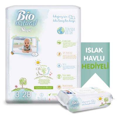 Sleepy Bio Natural Bebek Bezi 3 Beden Midi 28'li-Islak Mendil 40 Yaprak Hediyeli - 1