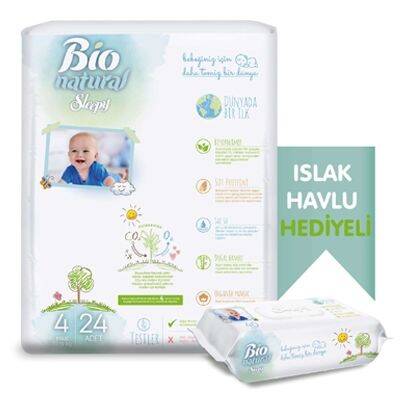 Sleepy Bio Natural Bebek Bezi 4 Beden Maxi 24'lü-Islak Mendil 40 Yaprak Hediyeli - 1