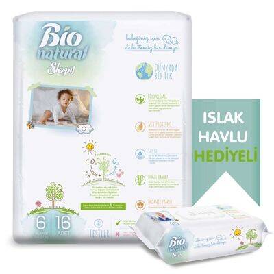 Sleepy Bio Natural Bebek Bezi 6 Beden xLarge 16'lı-Islak Bebek Havlusu 40 Yaprak Hediyeli - 1