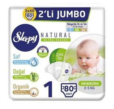 Sleepy Natural İkili Jumbo Yenidoğan Bebek Bezi 1 Beden 80 Adet - 1