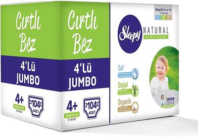 Sleepy Natural Ultra Hassas Bebek Bezi 4+ Maxi Plus 4'lü Jumbo 9-16 kg 104 Adet - 1